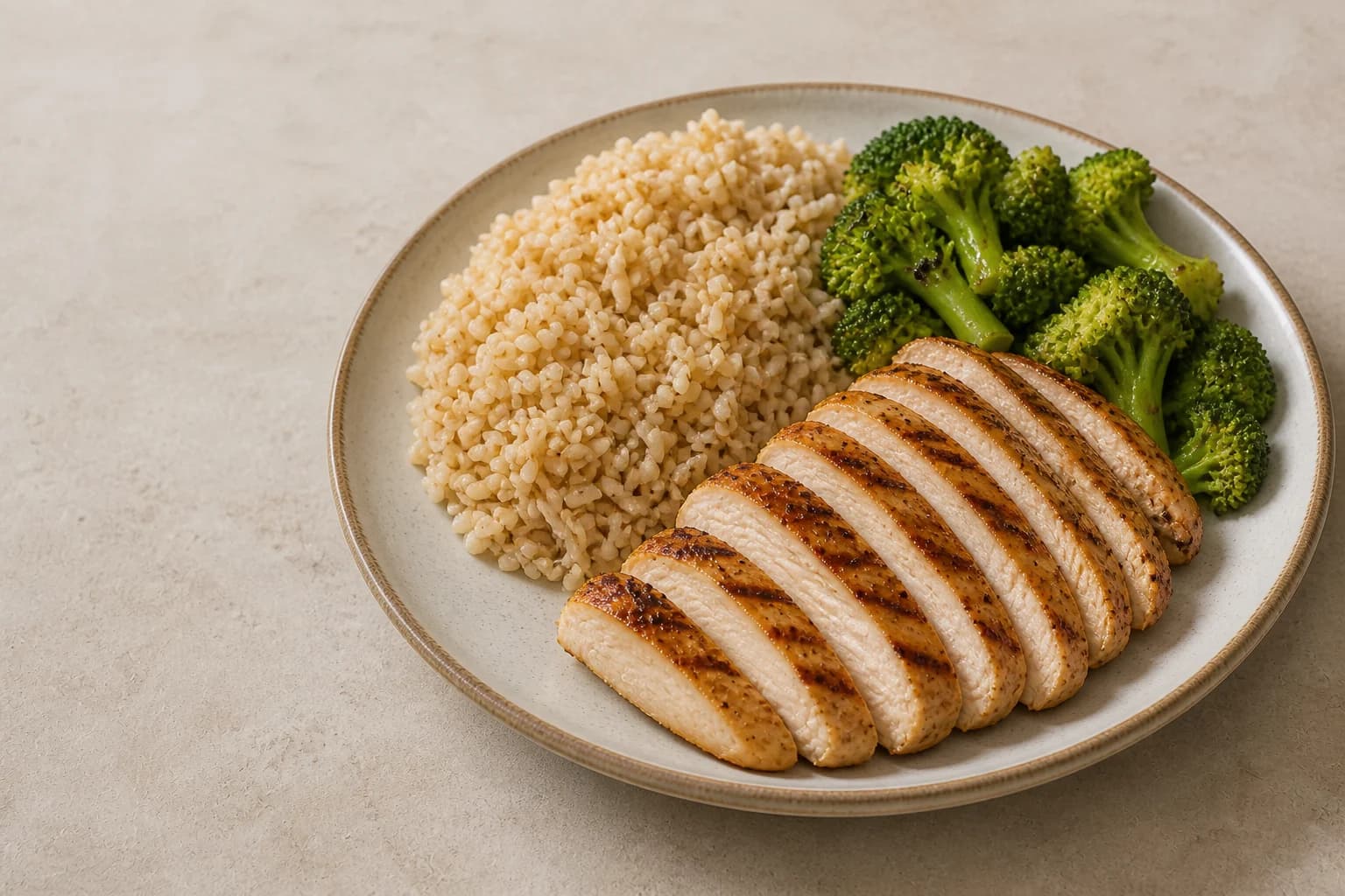 Demo plate with grilled chicken, brown rice and broccoli